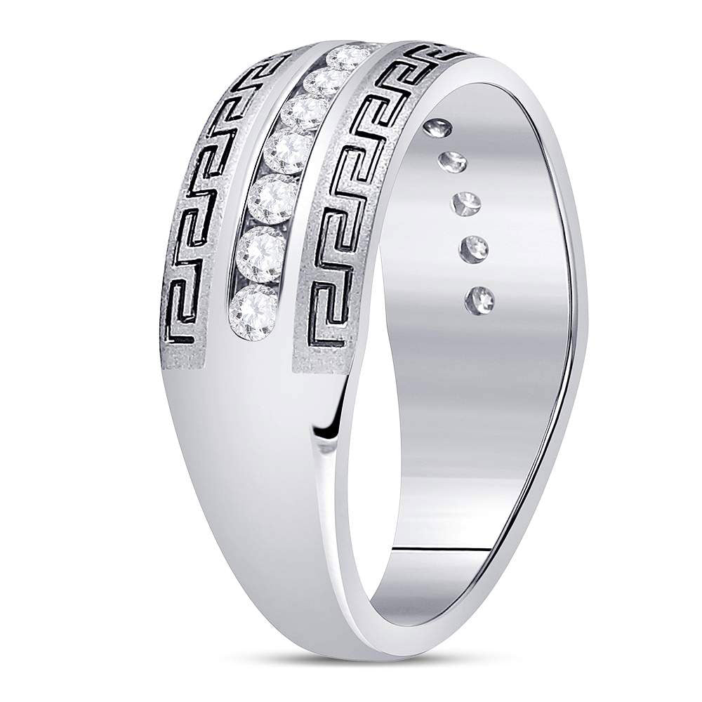 14kt White Gold Mens Round Diamond Greek Key Single Row Wedding Band Ring 1/2 Cttw