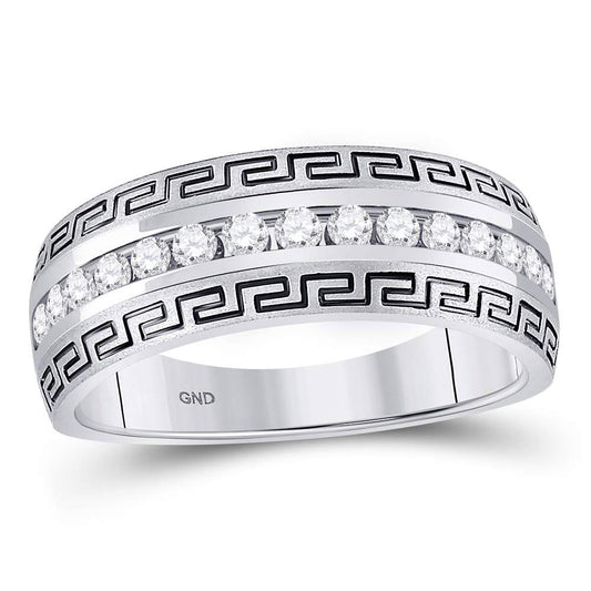 14kt White Gold Mens Round Diamond Greek Key Single Row Wedding Band Ring 1/2 Cttw