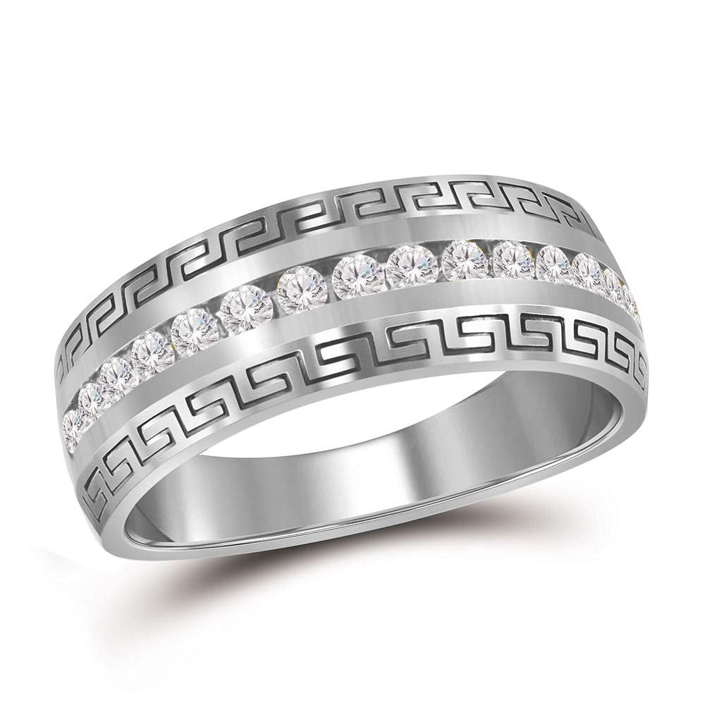 14kt White Gold Mens Round Diamond Wedding Greek Key Band Ring 1 Cttw