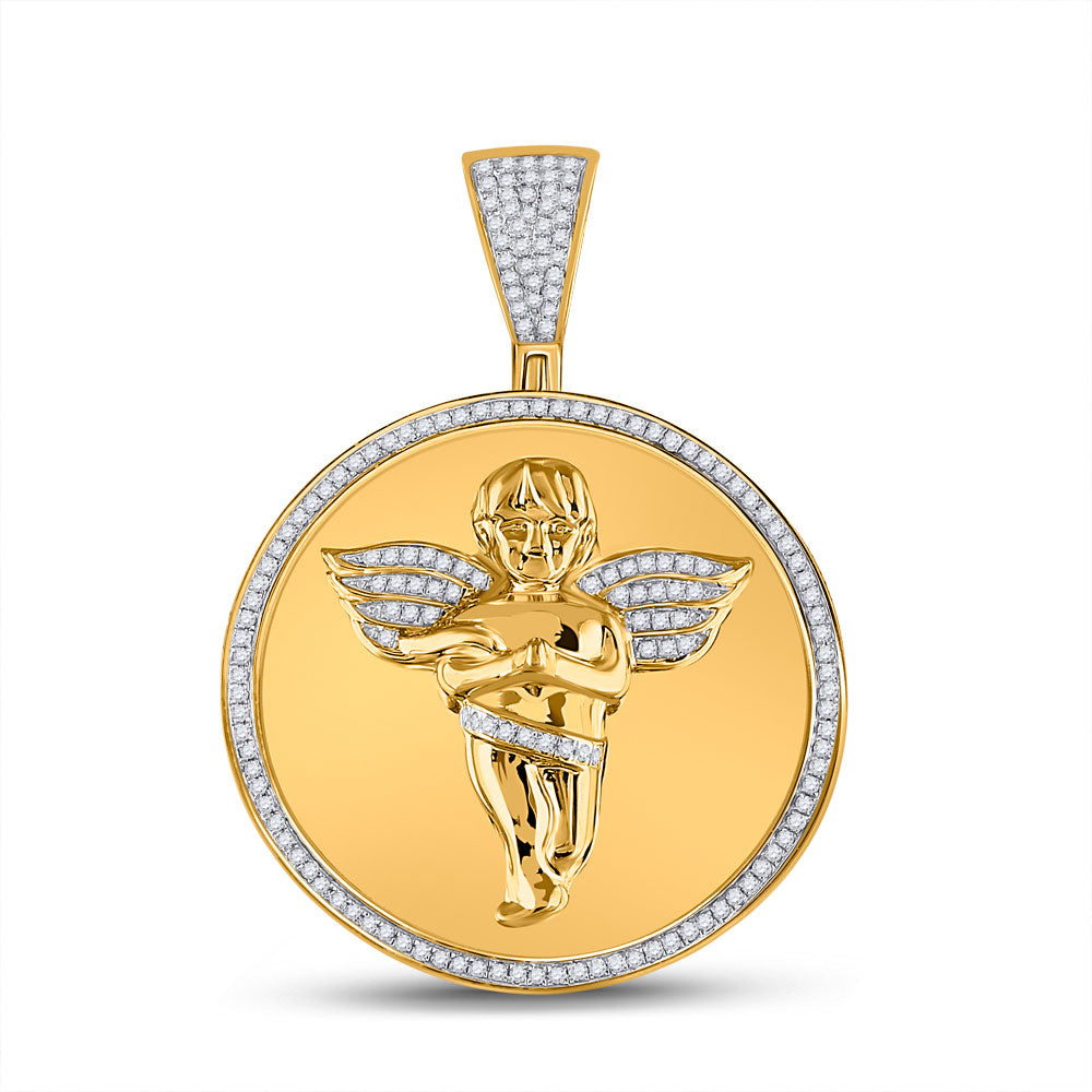 10kt Yellow Gold Mens Round Diamond Circle Angel Cherub Medallion Charm Pendant 1/2 Cttw