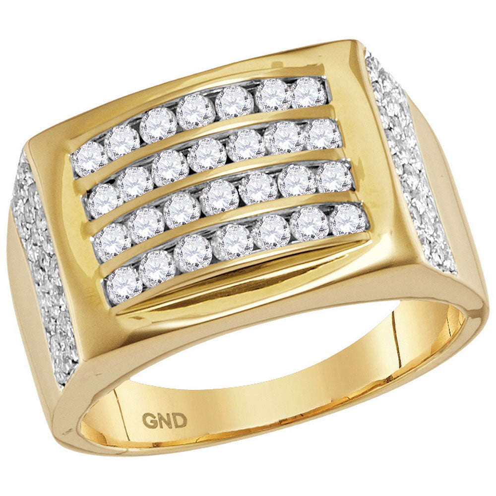 14kt Yellow Gold Mens Round Diamond 4 Row Rectangle Fashion Ring 1-1/3 Cttw