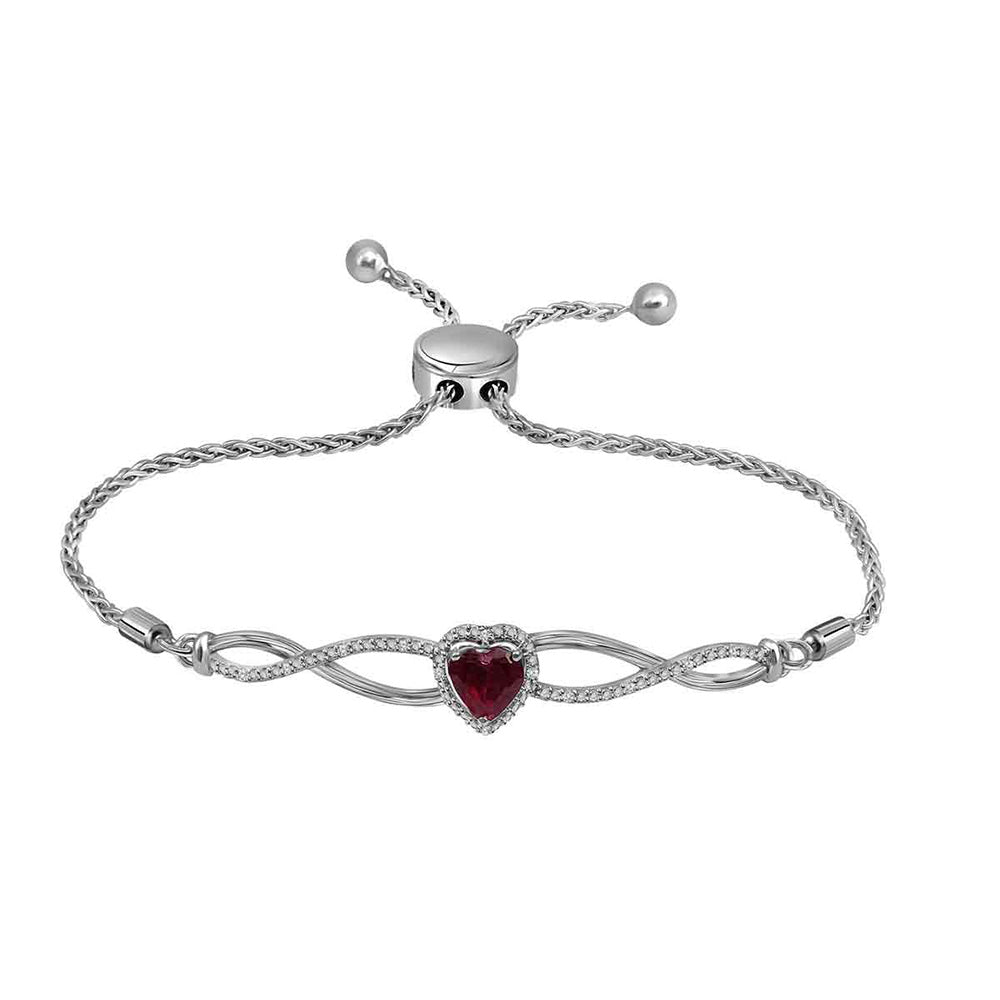 Sterling Silver Womens Round Lab-Created Ruby Diamond Bolo Bracelet 1/2 Cttw