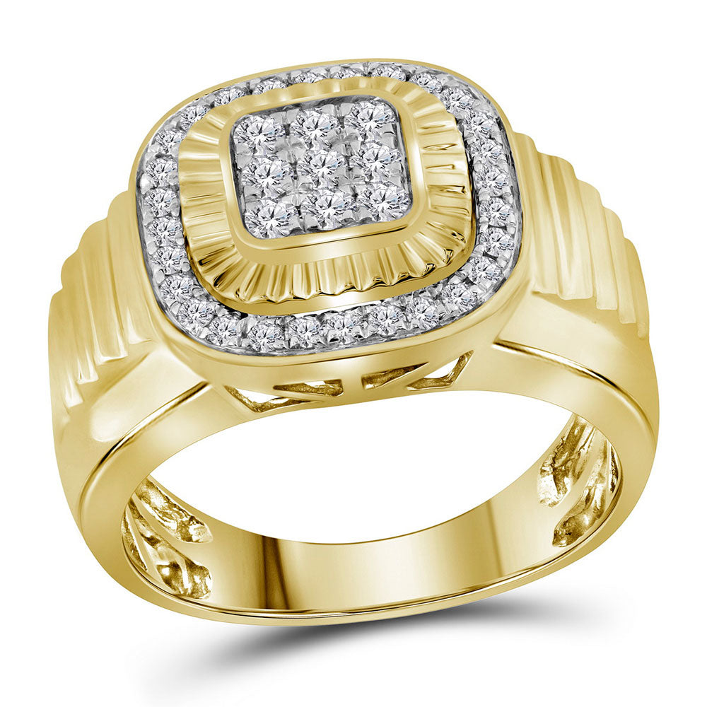 10kt Yellow Gold Mens Round Diamond Square Frame Cluster Ribbed Ring 3/4 Cttw