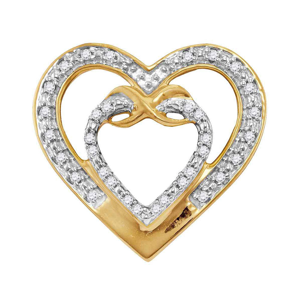 10kt Yellow Gold Womens Round Diamond Nested Double Heart Pendant 1/10 Cttw