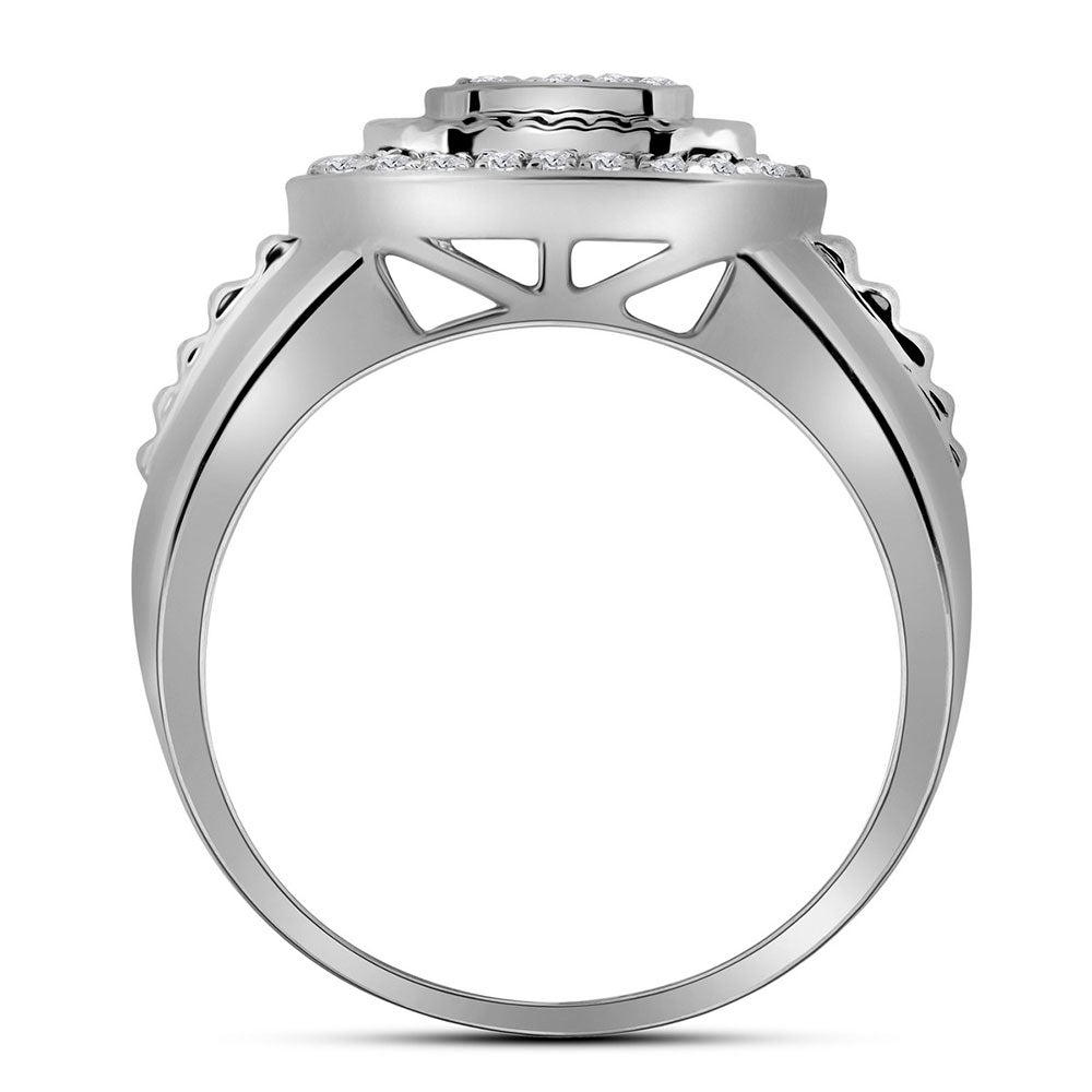 10kt White Gold Mens Round Diamond Square Ribbed Cluster Ring 3/4 Cttw
