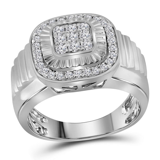 10kt White Gold Mens Round Diamond Square Ribbed Cluster Ring 3/4 Cttw