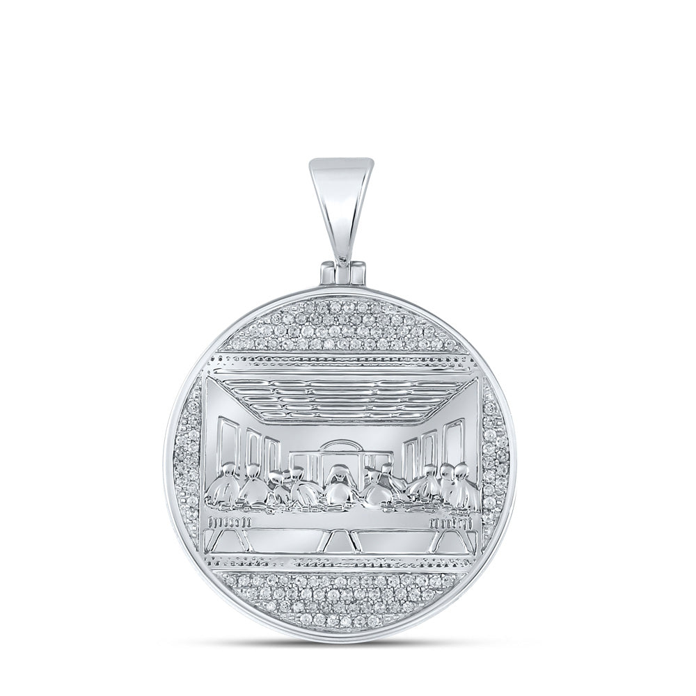 10kt White Gold Mens Round Diamond Last Supper Circle Charm Pendant 1/2 Cttw