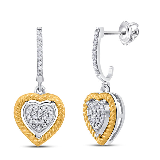 10kt Two-tone Gold Womens Round Diamond Rope Heart Dangle Earrings 1/8 Cttw