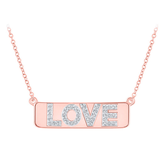 10kt Rose Gold Womens Round Diamond Pink Love Bar Pendant Necklace with 18" Chain 1/8 Cttw