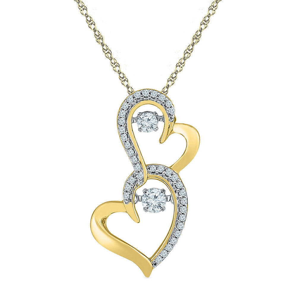 10kt Yellow Gold Womens Round Diamond Moving Twinkle Solitaire Double Heart Pendant 1/4 Cttw