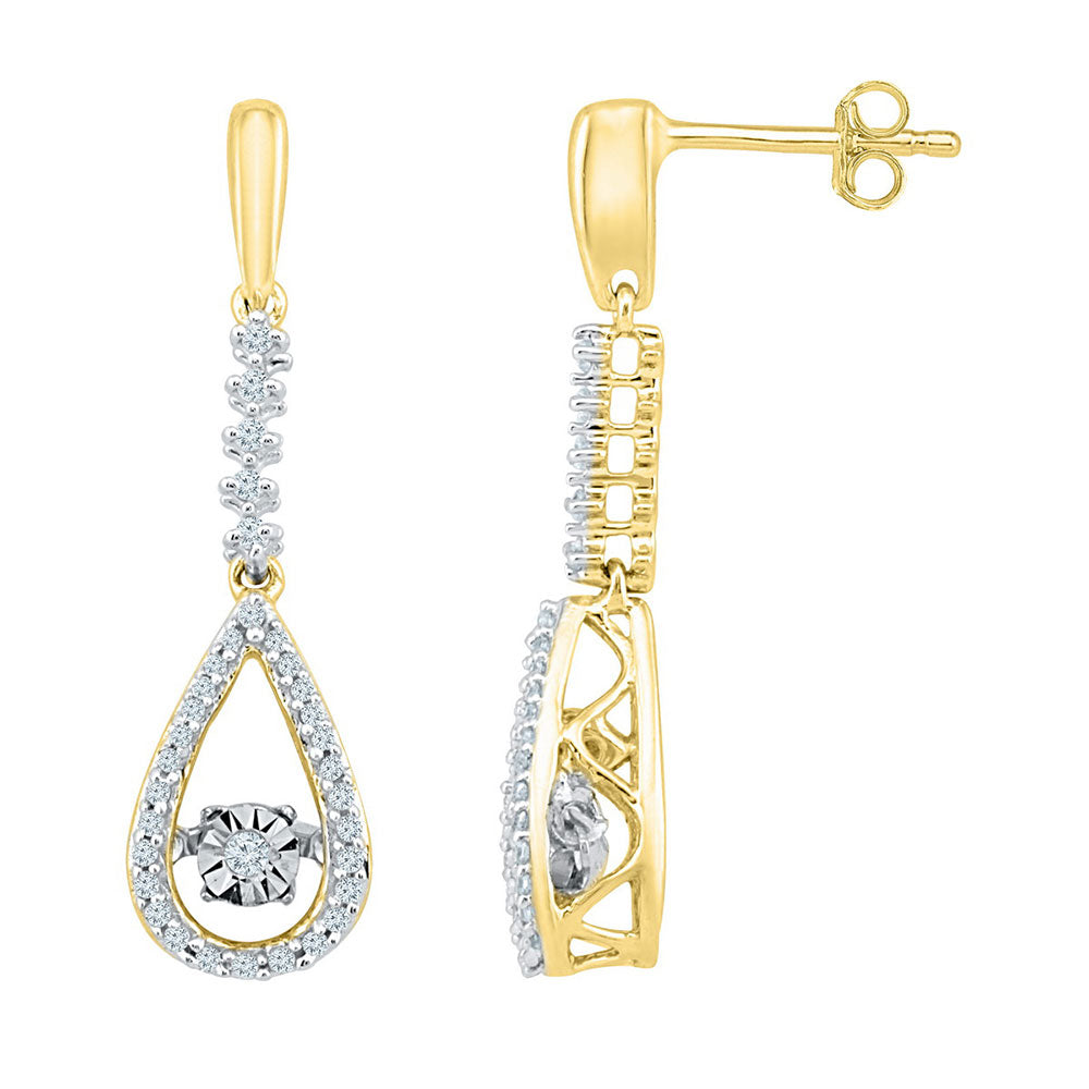 10kt Yellow Gold Womens Round Diamond Moving Twinkle Teardrop Dangle Earrings 1/5 Cttw