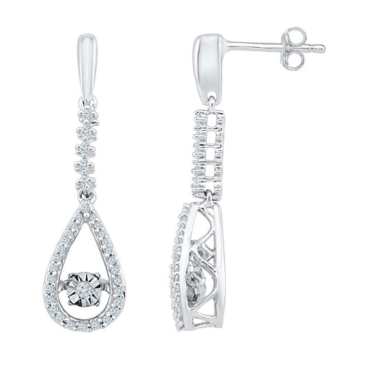 10kt White Gold Womens Round Diamond Moving Twinkle Teardrop Dangle Earrings 1/5 Cttw