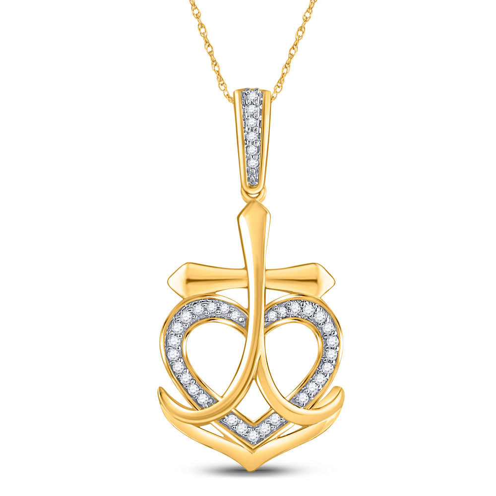 10kt Yellow Gold Womens Round Diamond Heart Cross Anchor Pendant 1/10 Cttw
