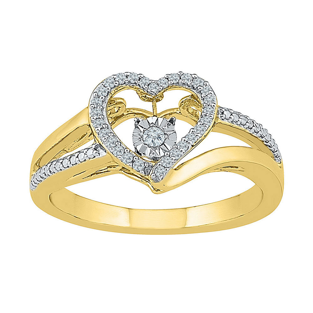 10kt Yellow Gold Womens Round Diamond Heart Moving Twinkle Ring 1/10 Cttw
