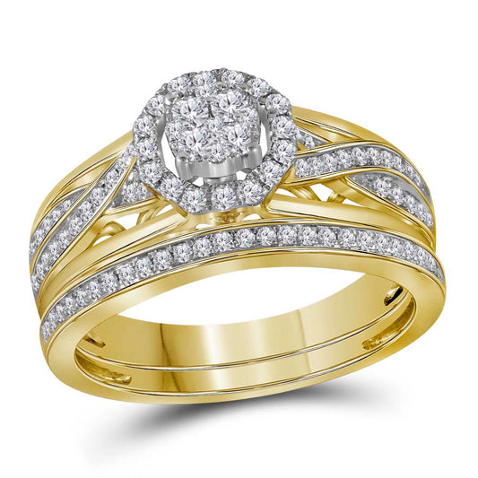 14kt Yellow Gold Round Diamond Cluster Bridal Wedding Ring Band Set 1/2 Cttw