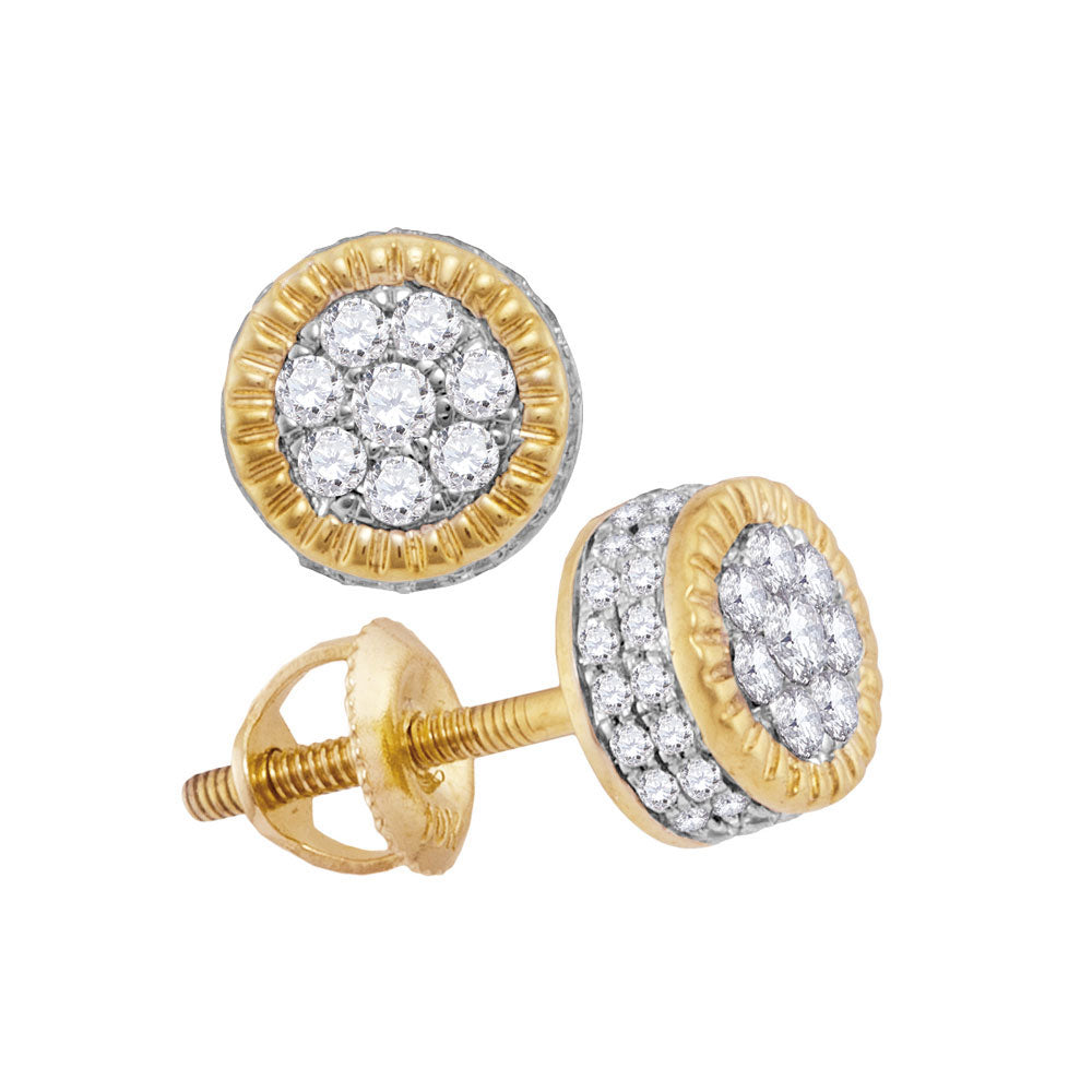 10kt Yellow Gold Mens Round Diamond Fluted Flower Cluster Stud Earrings 3/4 Cttw