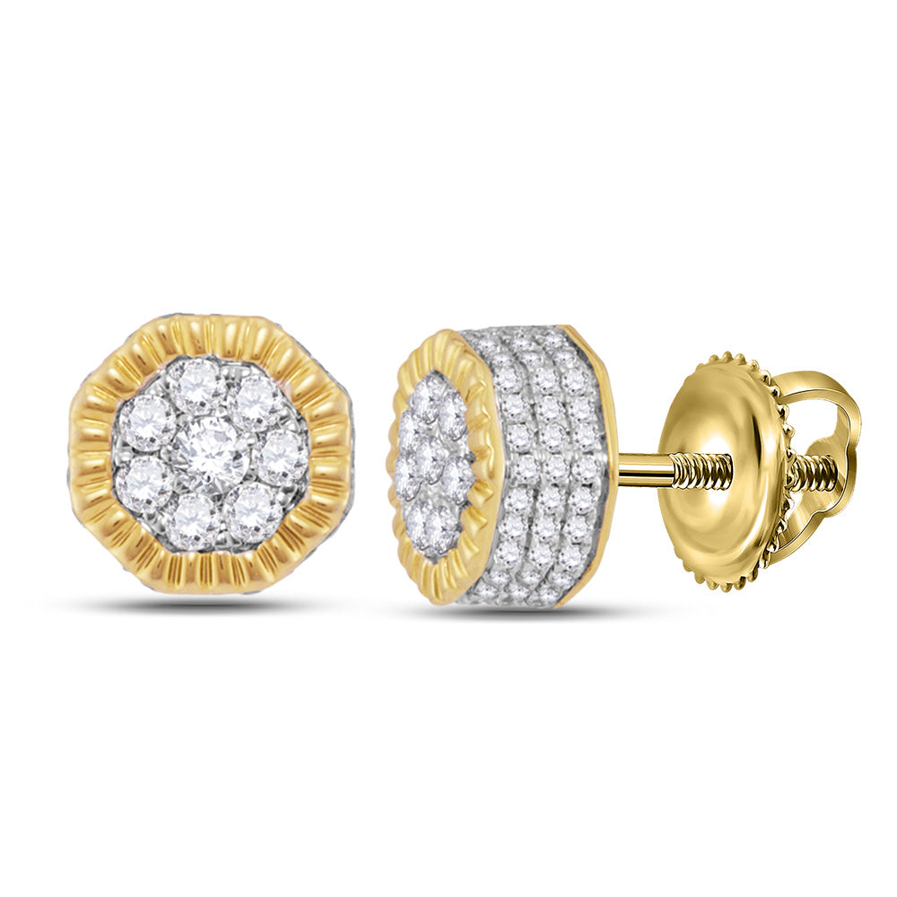 10kt Yellow Gold Mens Round Diamond Fluted Hexagon Earrings 1/2 Cttw