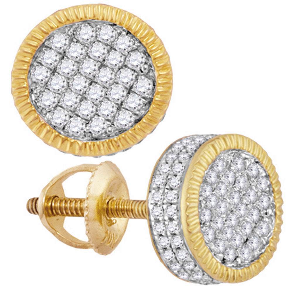 10kt Yellow Gold Mens Round Diamond Fluted Circle Cluster Stud Earrings 7/8 Cttw