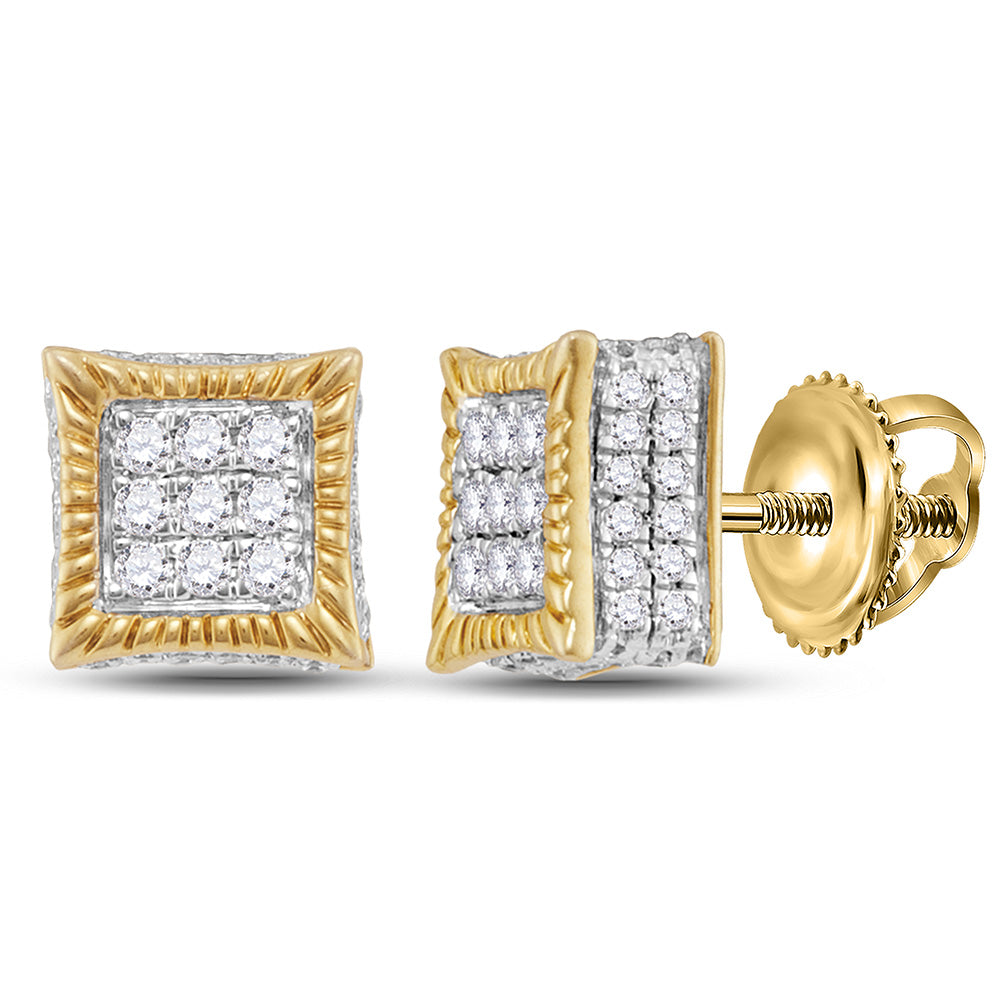 10kt Yellow Gold Mens Round Diamond Square Fluted 3D Cluster Stud Earrings 1/3 Cttw