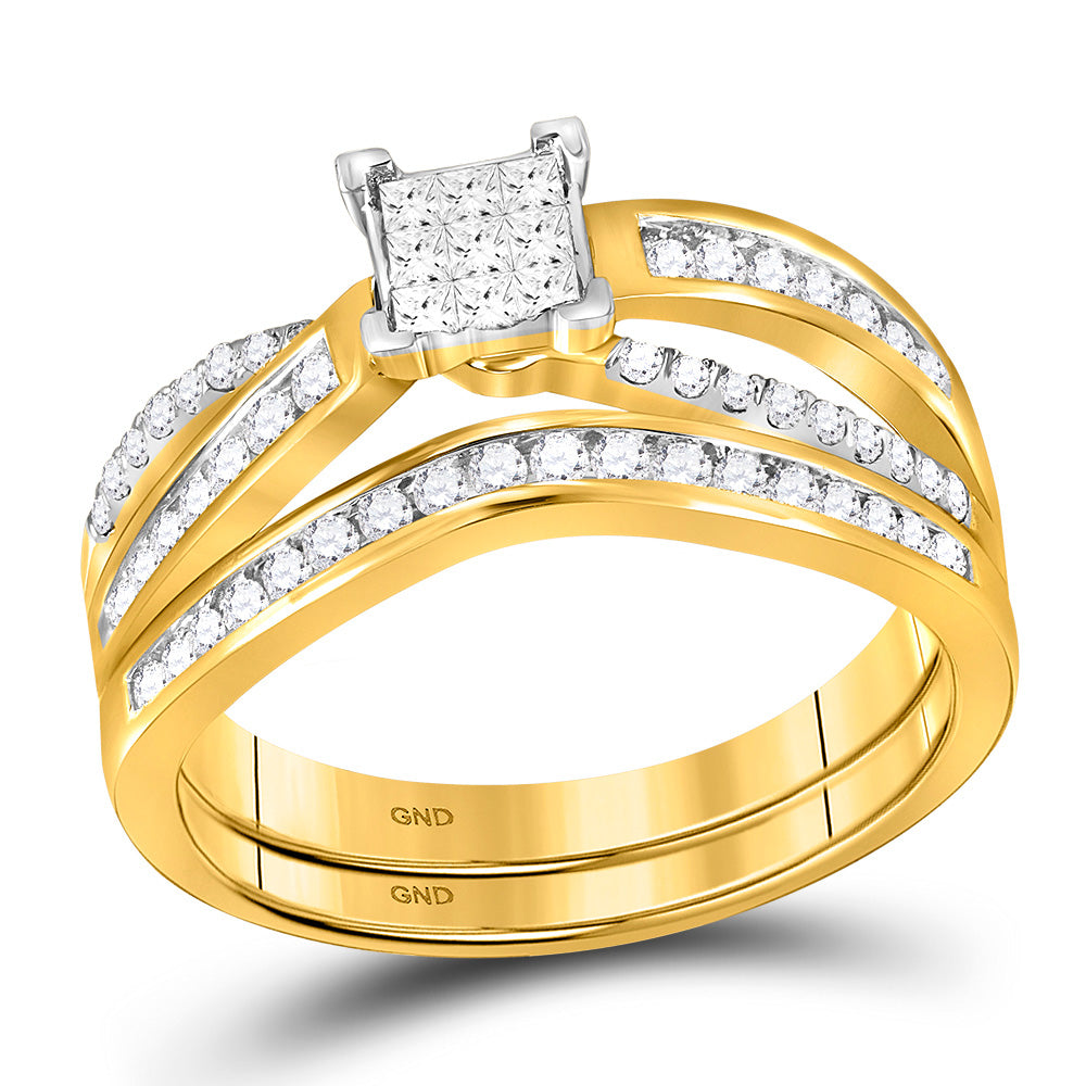 14kt Yellow Gold Princess Diamond Bridal Wedding Ring Band Set 1/2 Cttw