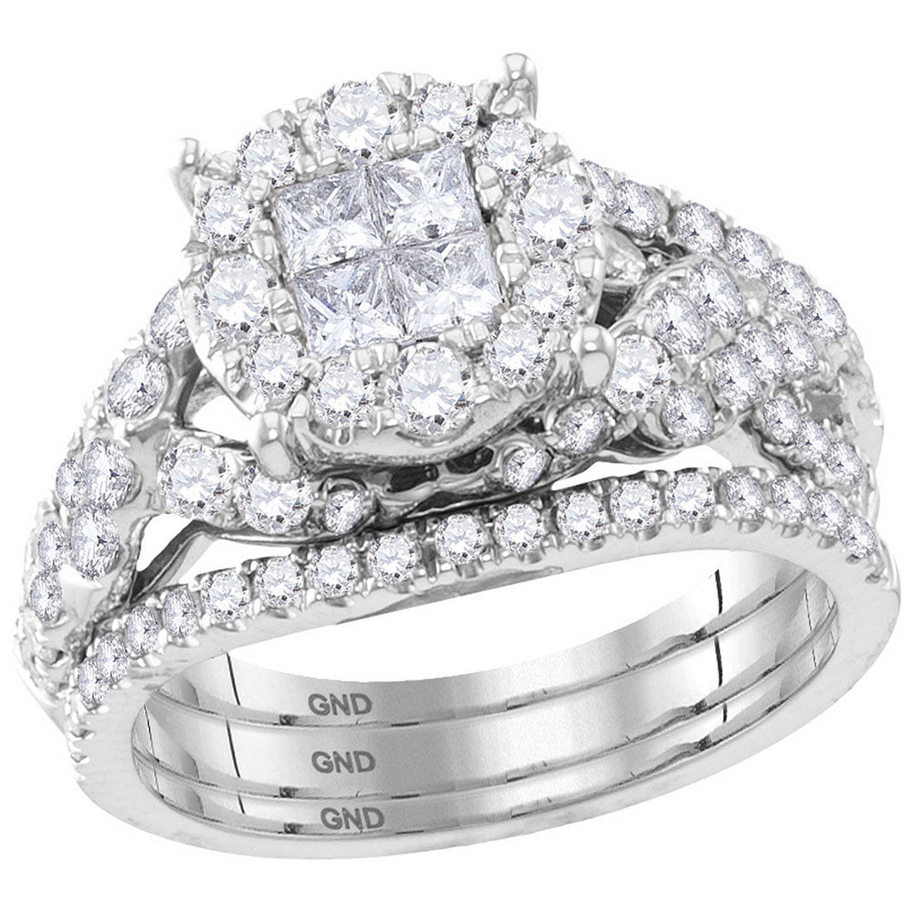 14kt White Gold Princess Round Diamond Bridal Wedding Ring Band Set 2 Cttw