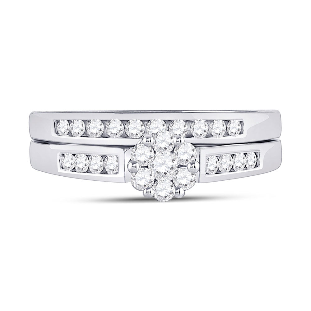 10kt White Gold Round Diamond Flower Cluster Bridal Wedding Ring Set 1/2 Cttw