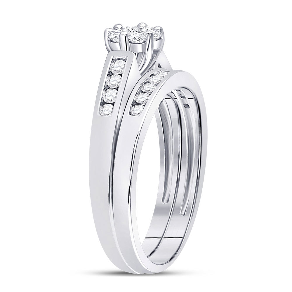 10kt White Gold Round Diamond Flower Cluster Bridal Wedding Ring Set 1/2 Cttw