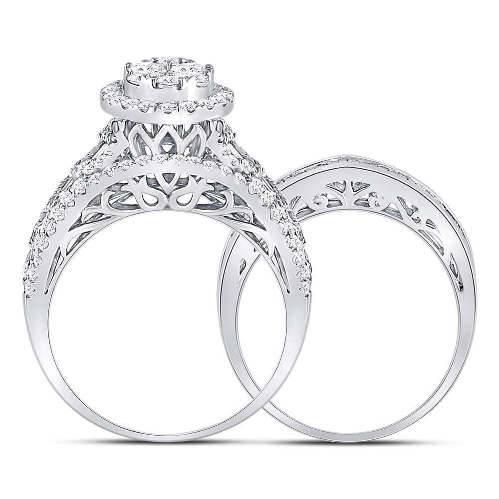 14kt White Gold Round Diamond Oval Bridal Wedding Ring Band Set 2 Cttw