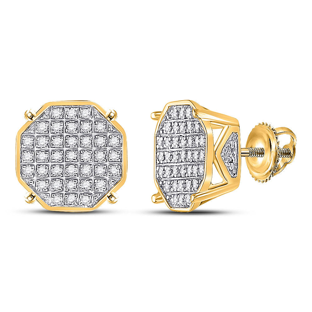 10kt Yellow Gold Mens Round Diamond Octagon Cluster Earrings 1/4 Cttw