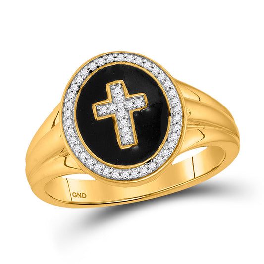 10kt Yellow Gold Mens Round Diamond Oval Cross Ring 1/6 Cttw