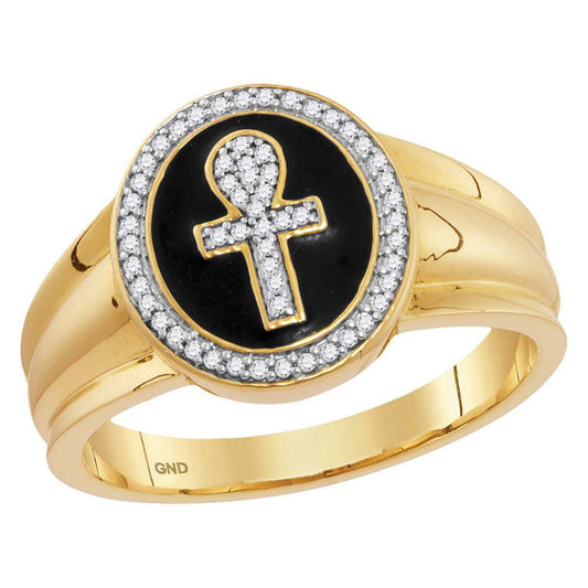 10kt Yellow Gold Mens Round Diamond Ankh Cross Fashion Ring 1/6 Cttw
