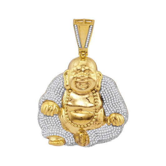 10kt Yellow Gold Mens Round Diamond Laughing Buddha Hotei Charm Pendant 1-3/4 Cttw