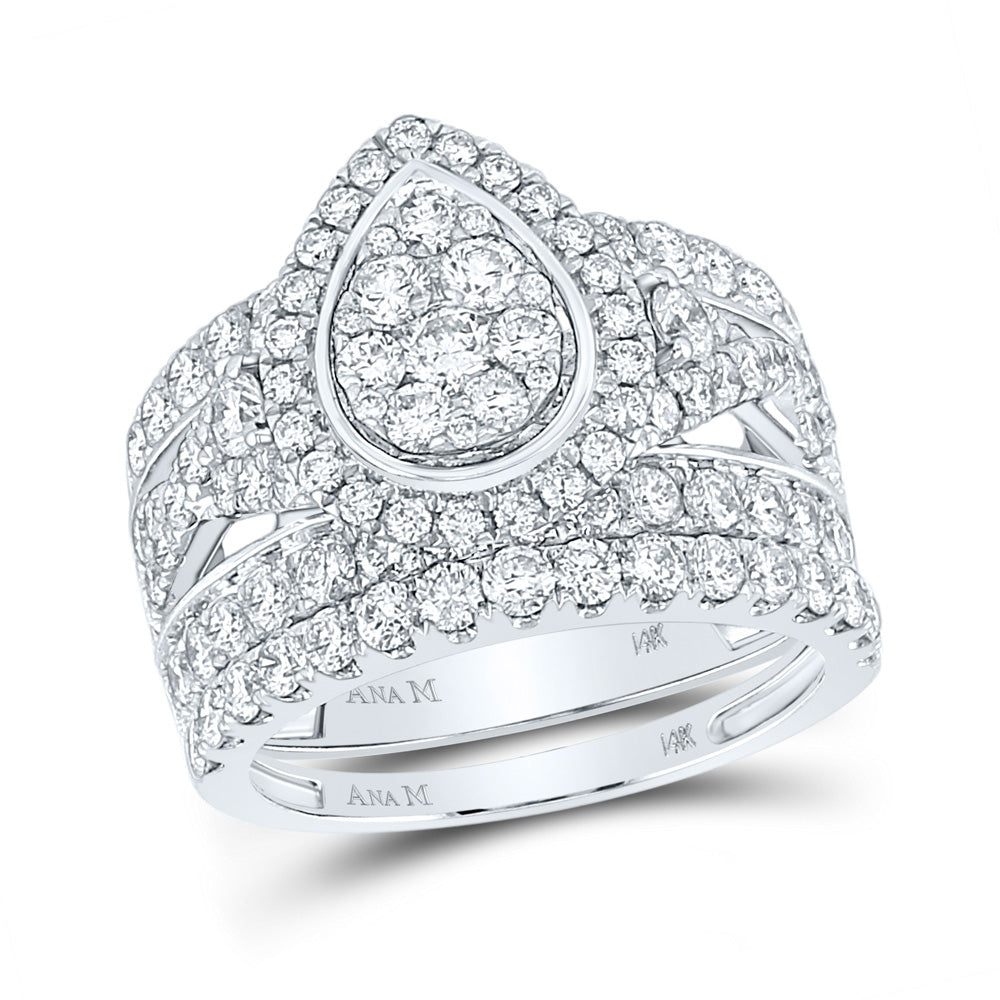14kt White Gold Round Diamond Pear Cluster Bridal Wedding Ring Band Set 3 Cttw