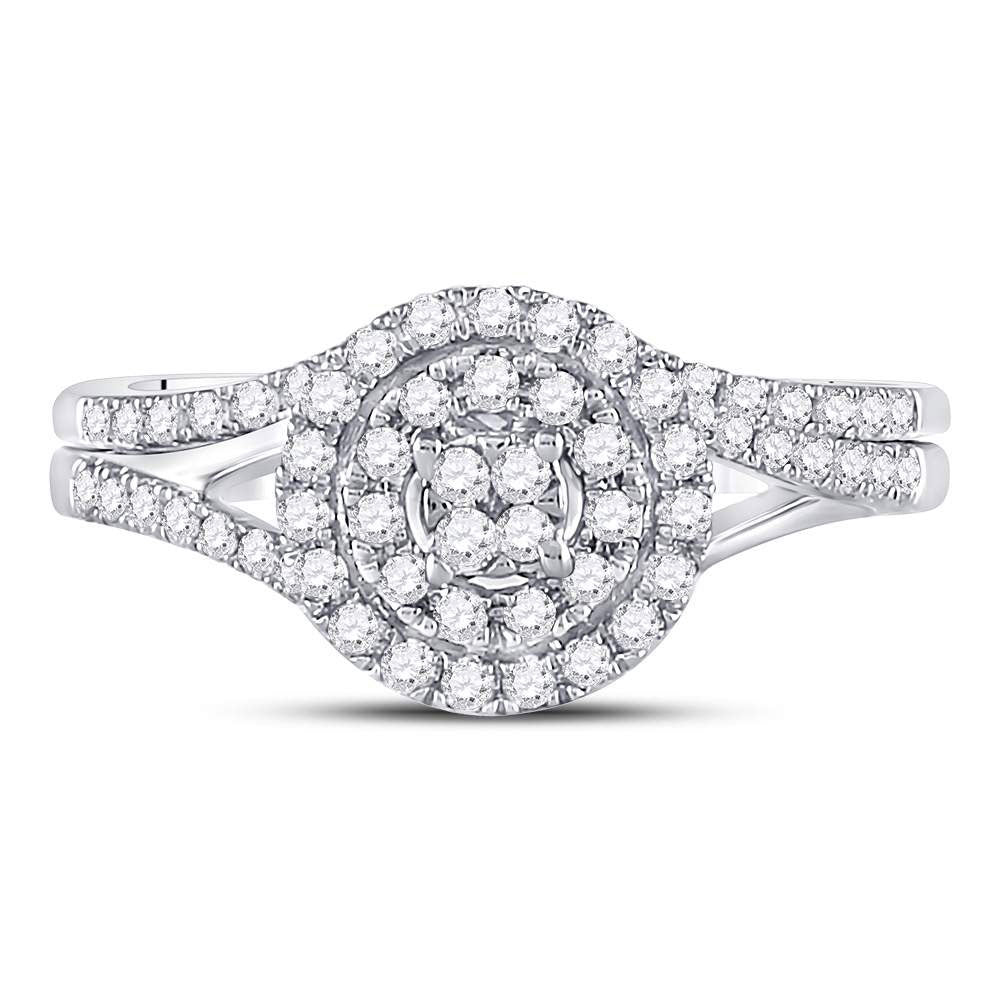 14kt White Gold Round Diamond Cluster Bridal Wedding Ring Band Set 1/2 Cttw