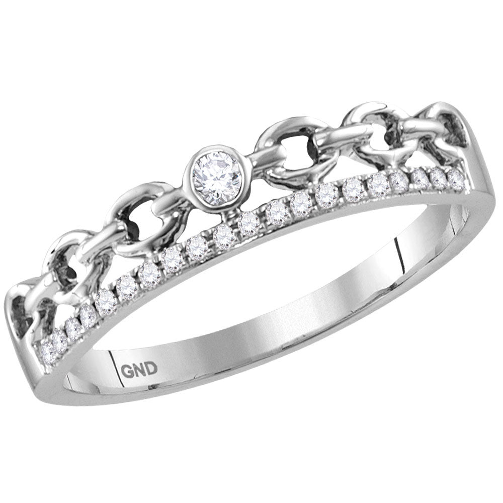 14kt White Gold Womens Round Diamond Rolo Link Stackable Band Ring 1/12 Cttw