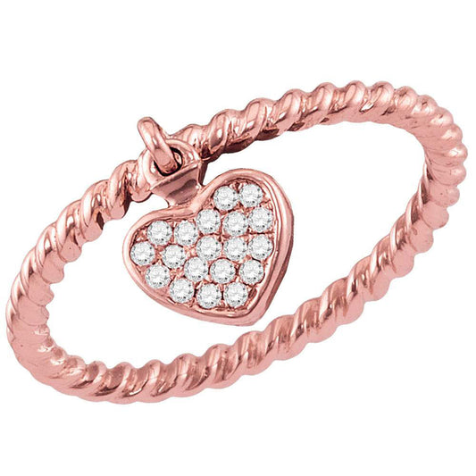 14kt Rose Gold Womens Round Diamond Heart Dangle Stackable Band Ring 1/10 Cttw