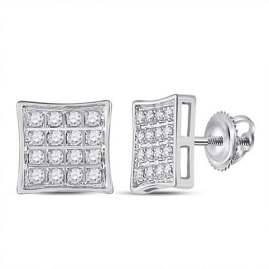 10kt White Gold Mens Round Diamond Square Earrings 1/10 Cttw