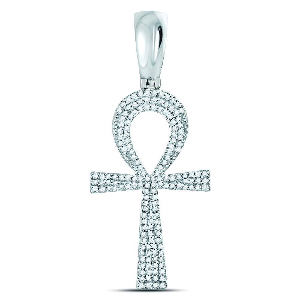 10kt White Gold Mens Round Diamond Ankh Cross Charm Pendant 1/2 Cttw