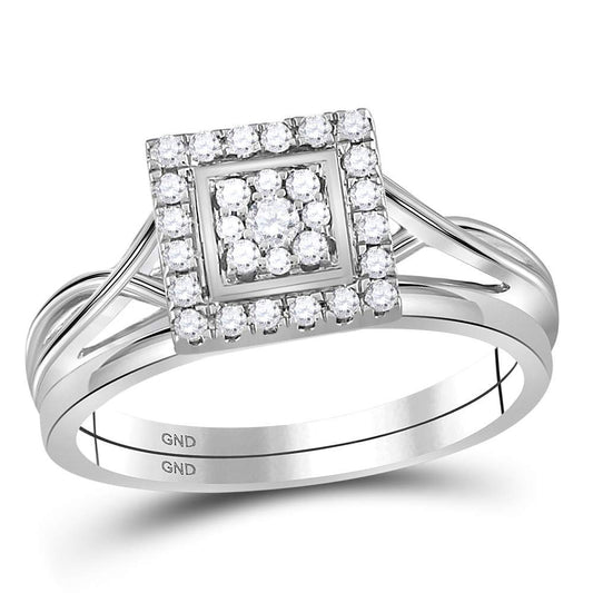 10kt White Gold Round Diamond Square Bridal Wedding Ring Band Set 1/3 Cttw