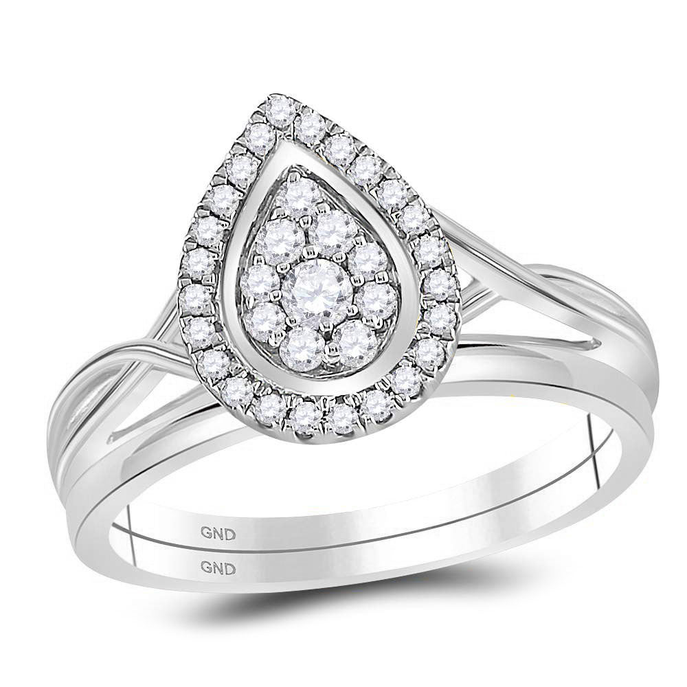10kt White Gold Diamond Teardrop Cluster Bridal Wedding Ring Band Set 1/3 Cttw