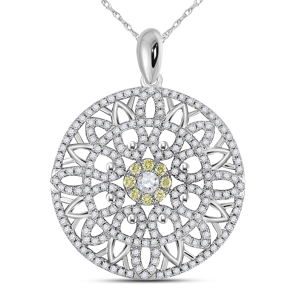 14kt White Gold Womens Round Diamond Mandala Circle Pendant 1 Cttw
