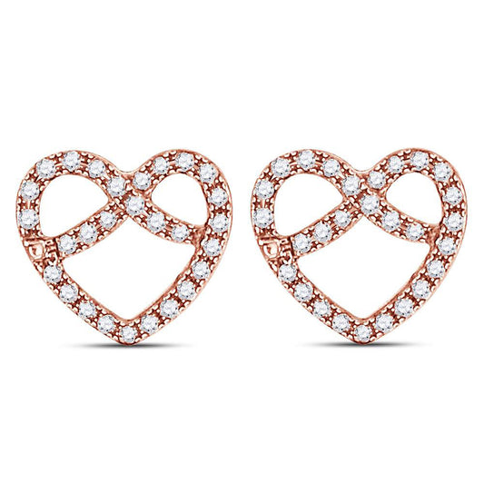 14kt Rose Gold Womens Round Diamond Pretzel Heart Earrings 1/6 Cttw