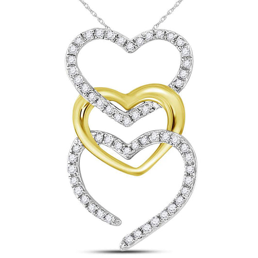 10kt Two-tone Gold Womens Round Diamond Triple Vertical Heart Pendant 1/6 Cttw