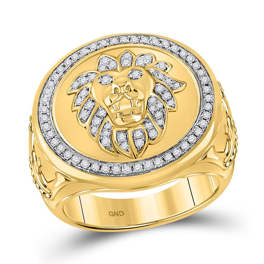 10kt Yellow Gold Mens Round Diamond Lion Circle Ring 5/8 Cttw