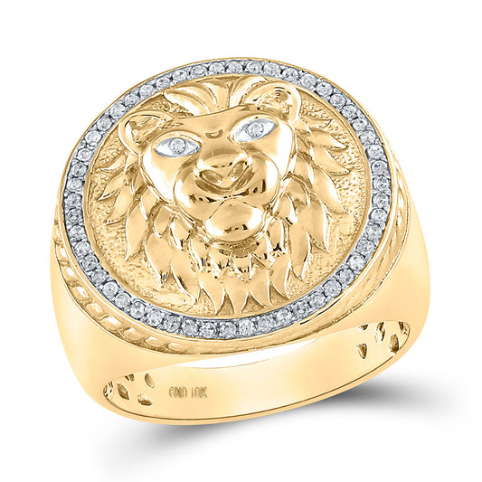 10kt Yellow Gold Mens Round Diamond Lion Head Mane Ring 1/3 Cttw