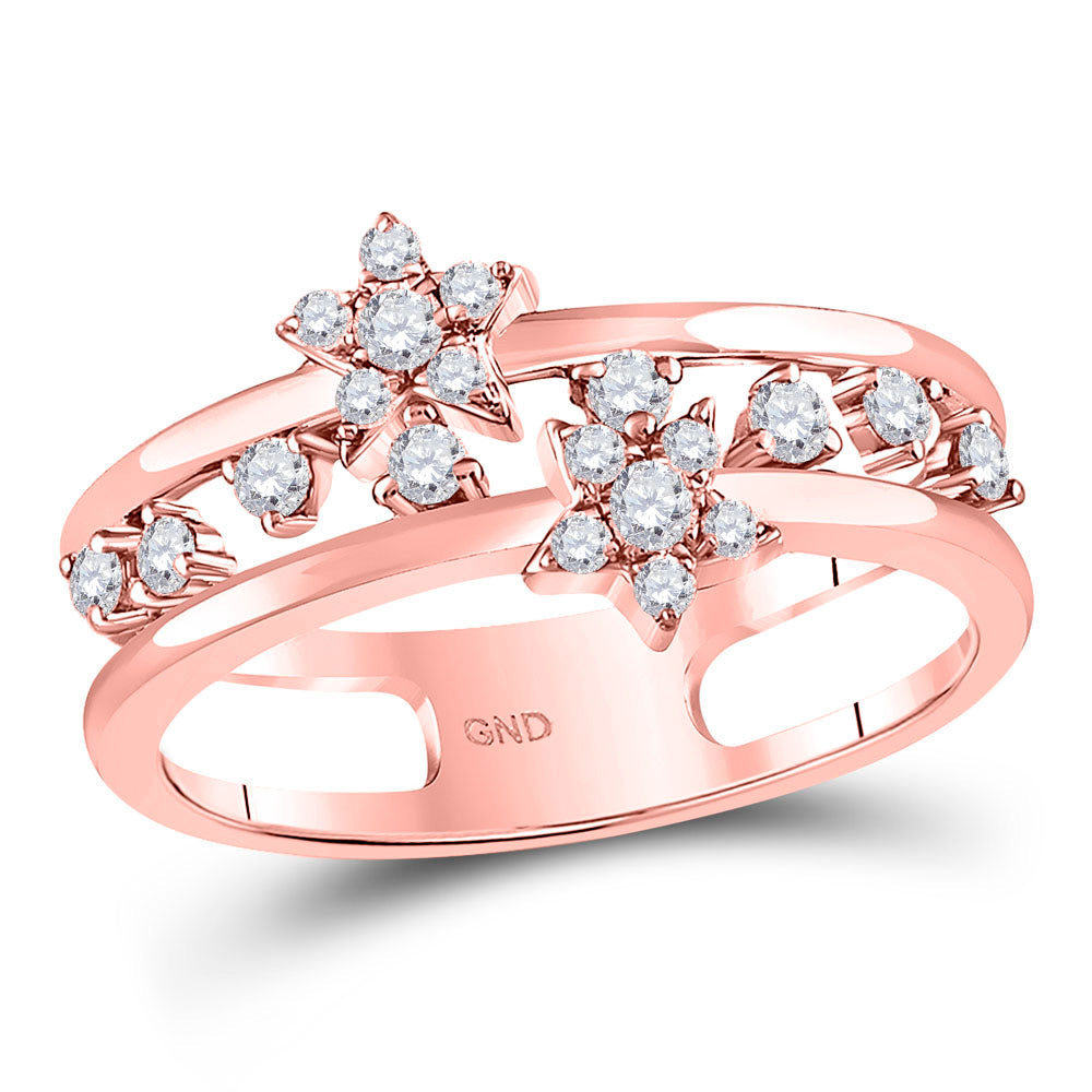 14kt Rose Gold Womens Round Diamond Open Double Star Band Ring 1/3 Cttw