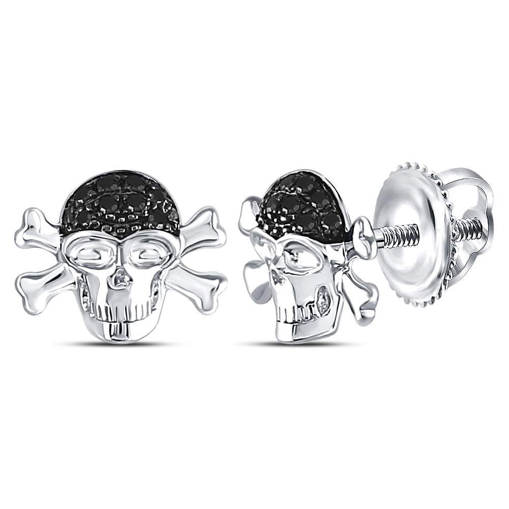 Sterling Silver Black Color Enhanced Diamond Pirate Skull Crossbones Earrings 1/10 Cttw