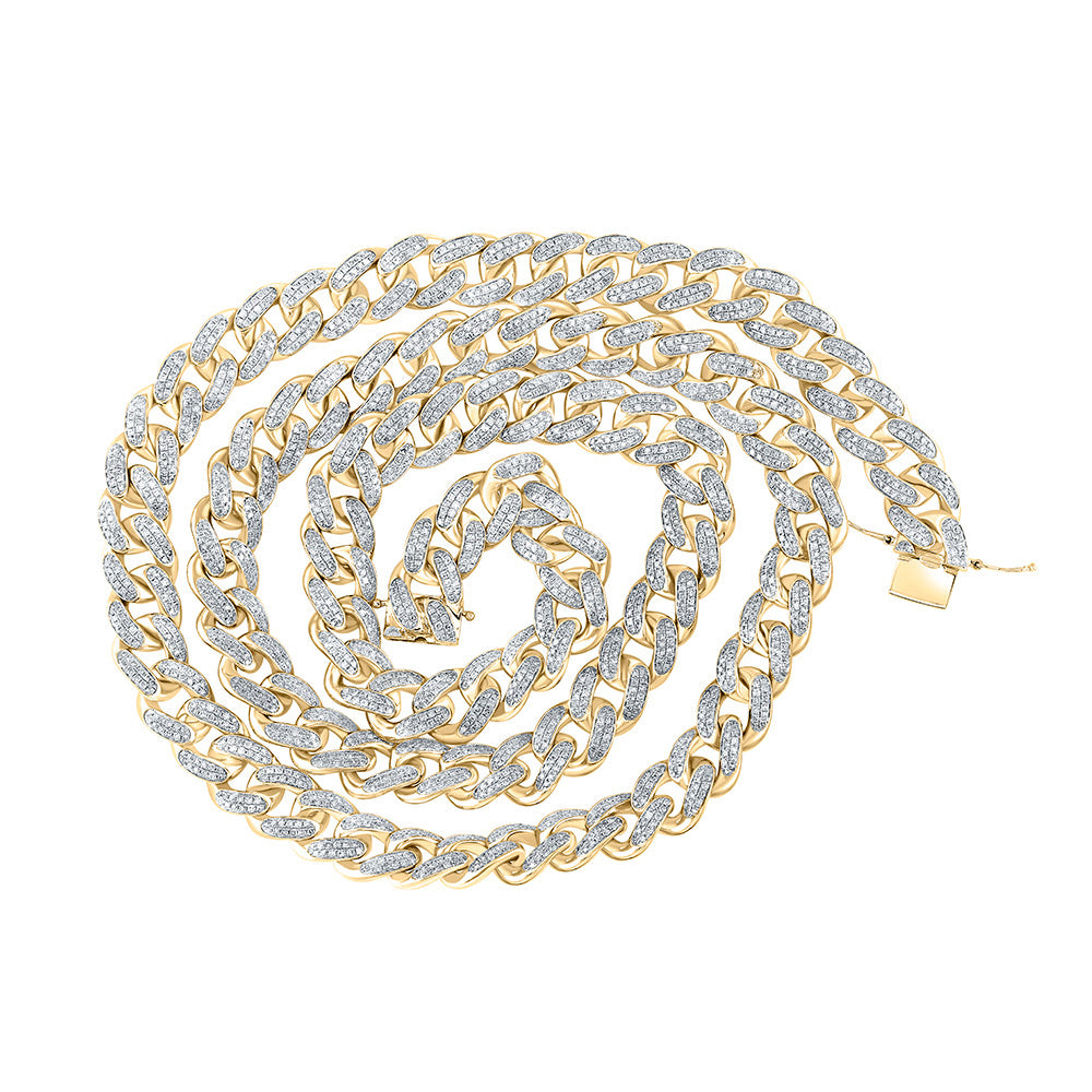10kt Yellow Gold Mens Round Diamond Cuban Link Chain Necklace 13-1/5 Cttw