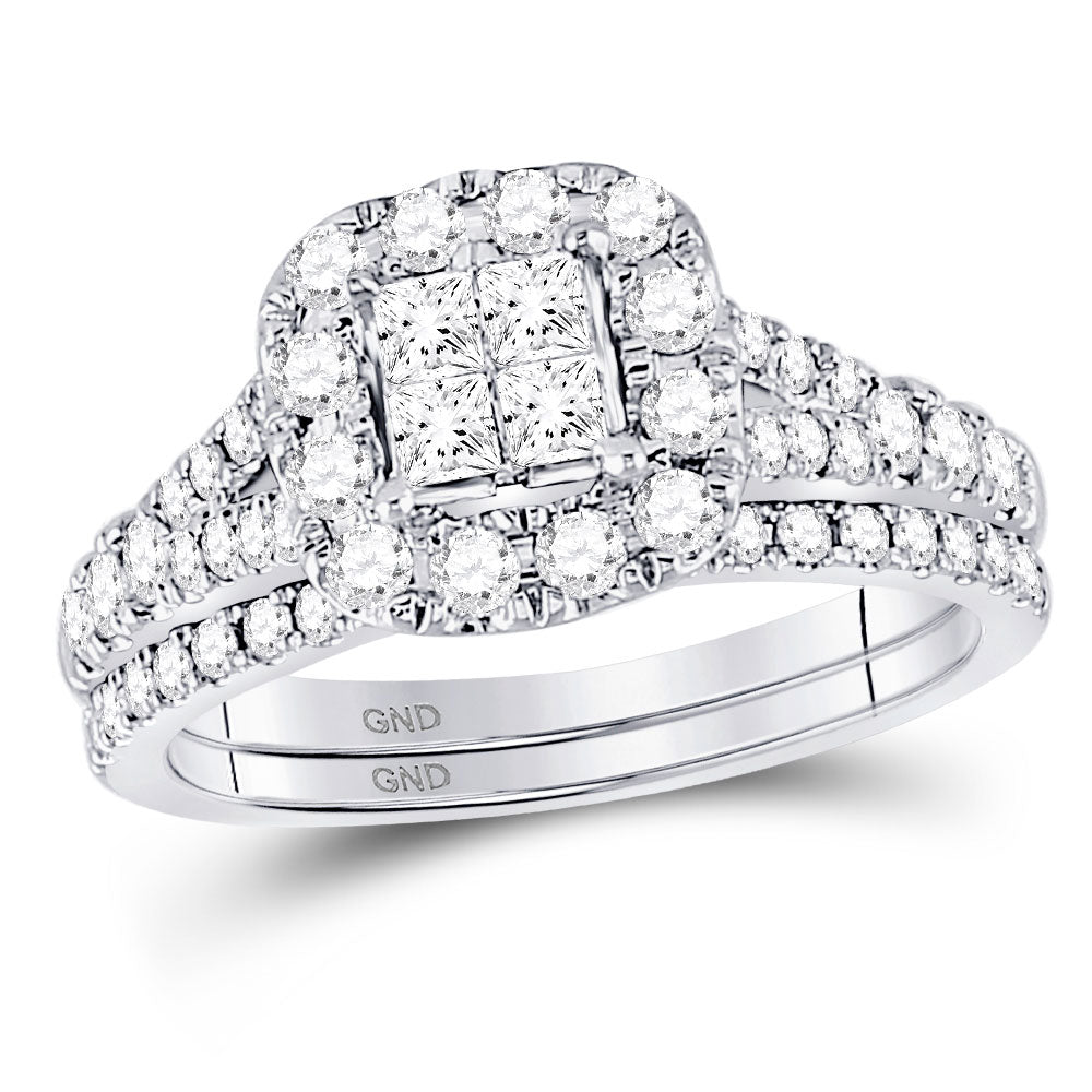 14kt White Gold Princess Diamond Cluster Bridal Wedding Ring Band Set 1 Cttw
