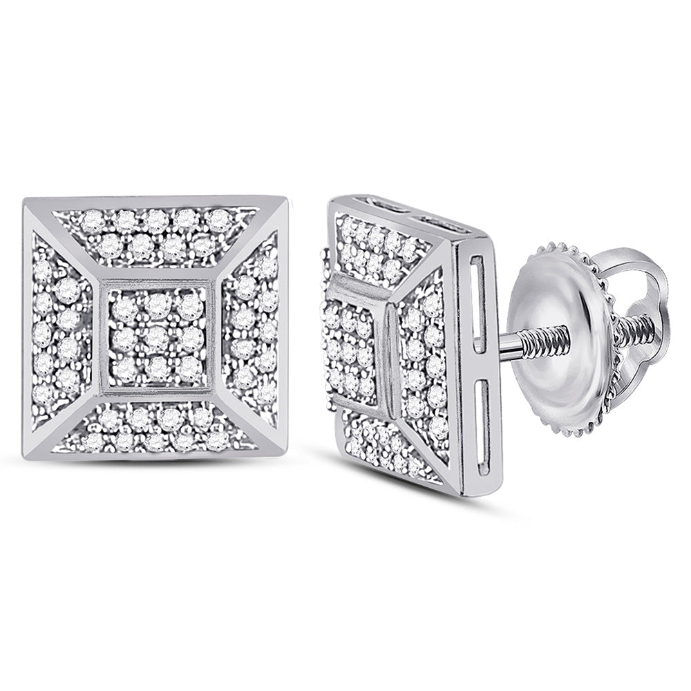 10kt White Gold Mens Round Diamond Square Cluster Stud Earrings 1/5 Cttw